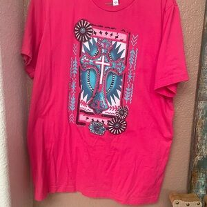 Hot Pink Graphic T-Shirt with Cross and Conch Design